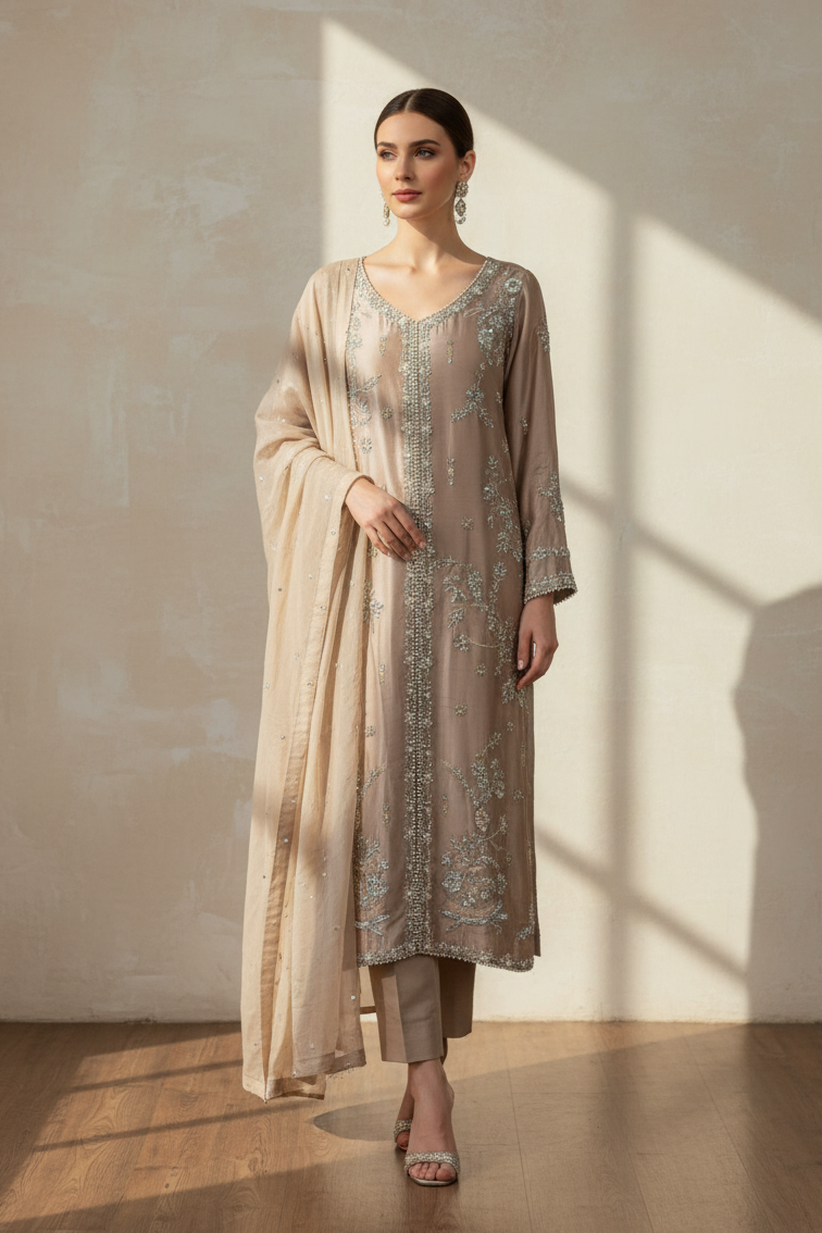 Woman wearing a traditional outfit with a beige and brown color scheme against a neutral background