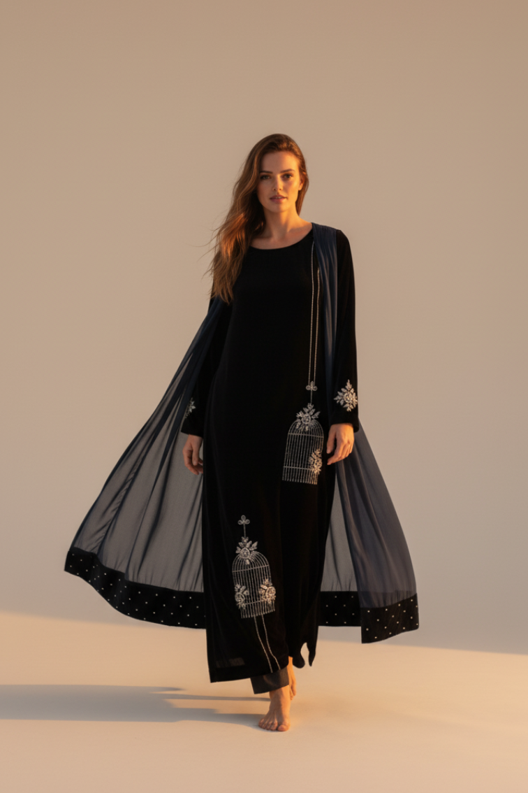 Woman wearing a long black dress with sheer overlay against a neutral background